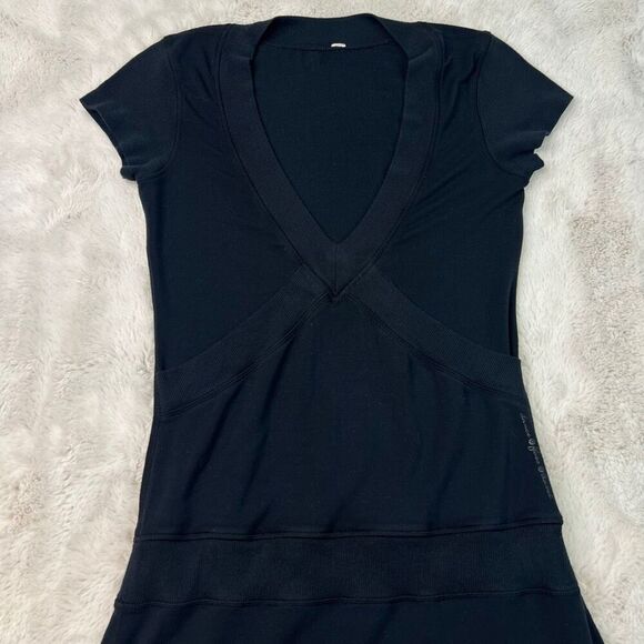 Lululemon Ribbed VNeck Short Sleeve Dance Pulse Dress Black Size 6 Tennis Stretc - Picture 5 of 9